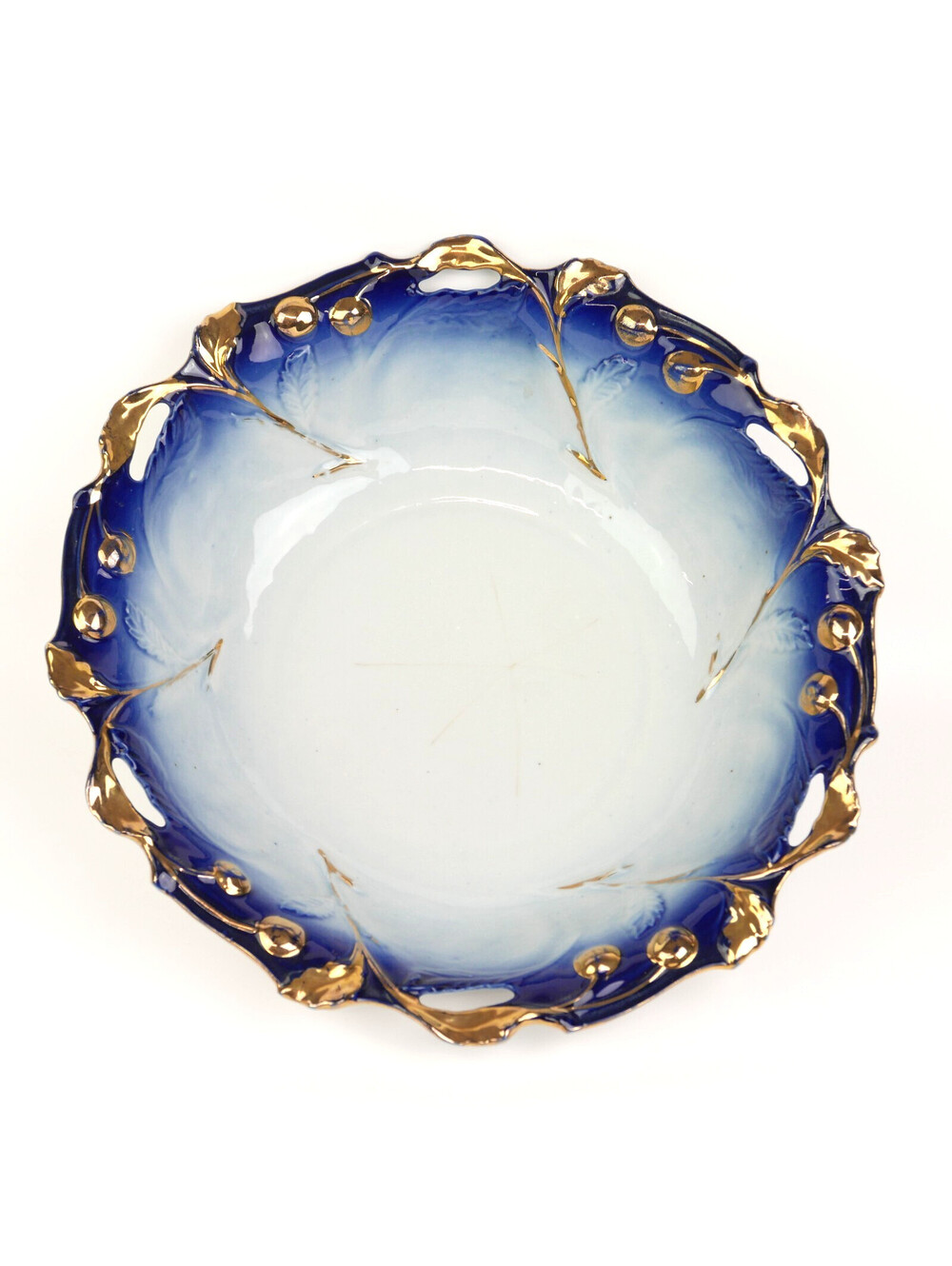 Antique Flow Blue Porcelain Bowl 10.4" Gold Gilt Embossed Cherries Openwork Rim